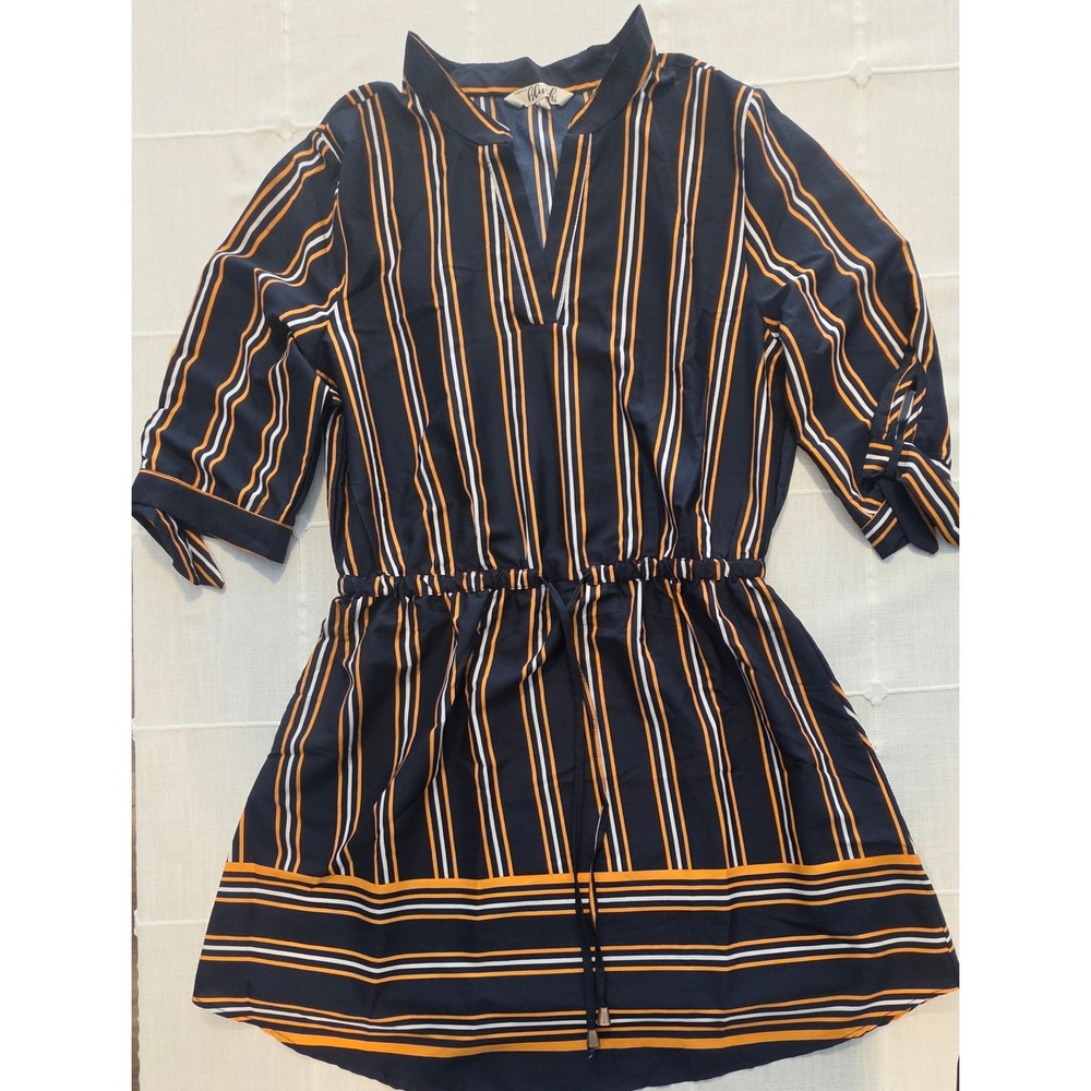 Hint of Blush Navy Blue Orange Striped Drawstring Waist Tunic Blouse Large
